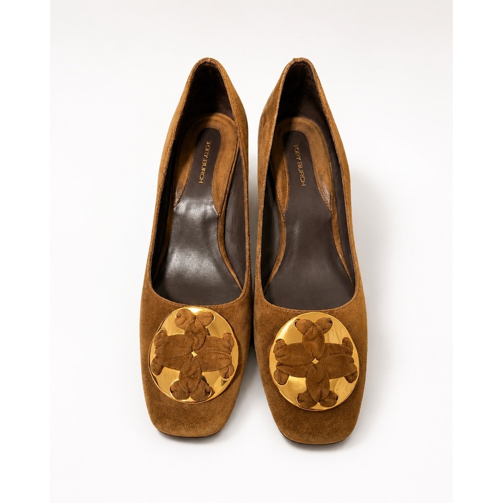 Tory Burch Suede Block Heel Pumps Women 8M Brown Good Gold Logo Medallion